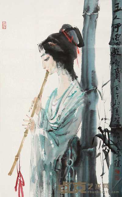 贺成 2002年作 吹箫仕女图 立轴 82×50cm